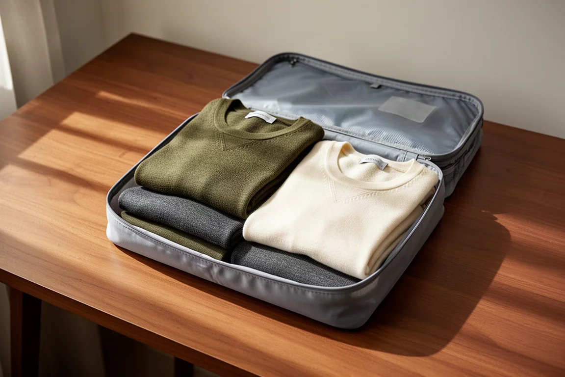 Neatly folded merino wool travel clothing inside a compression packing cube