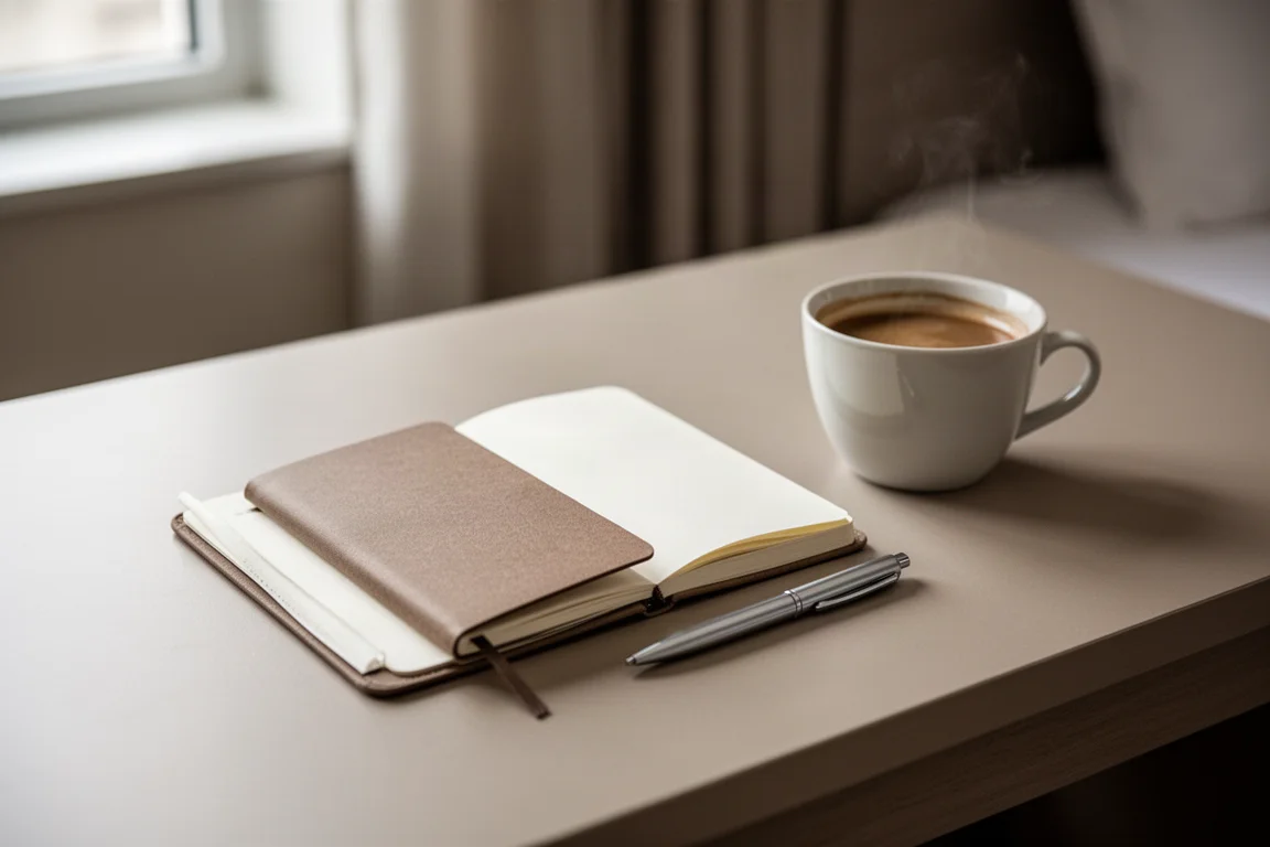 Morning journaling scene with a small hardcover diary and pen on a hotel desk