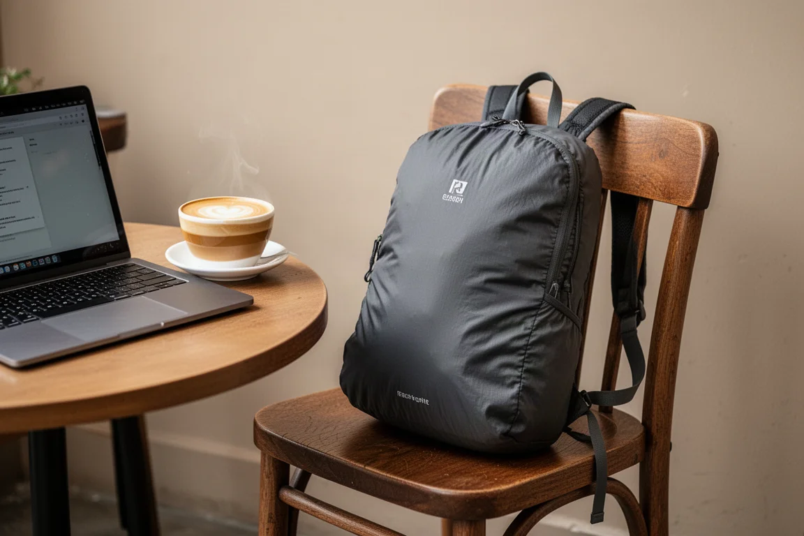 Ultralight daypack resting on a chair at a coffee shop work table