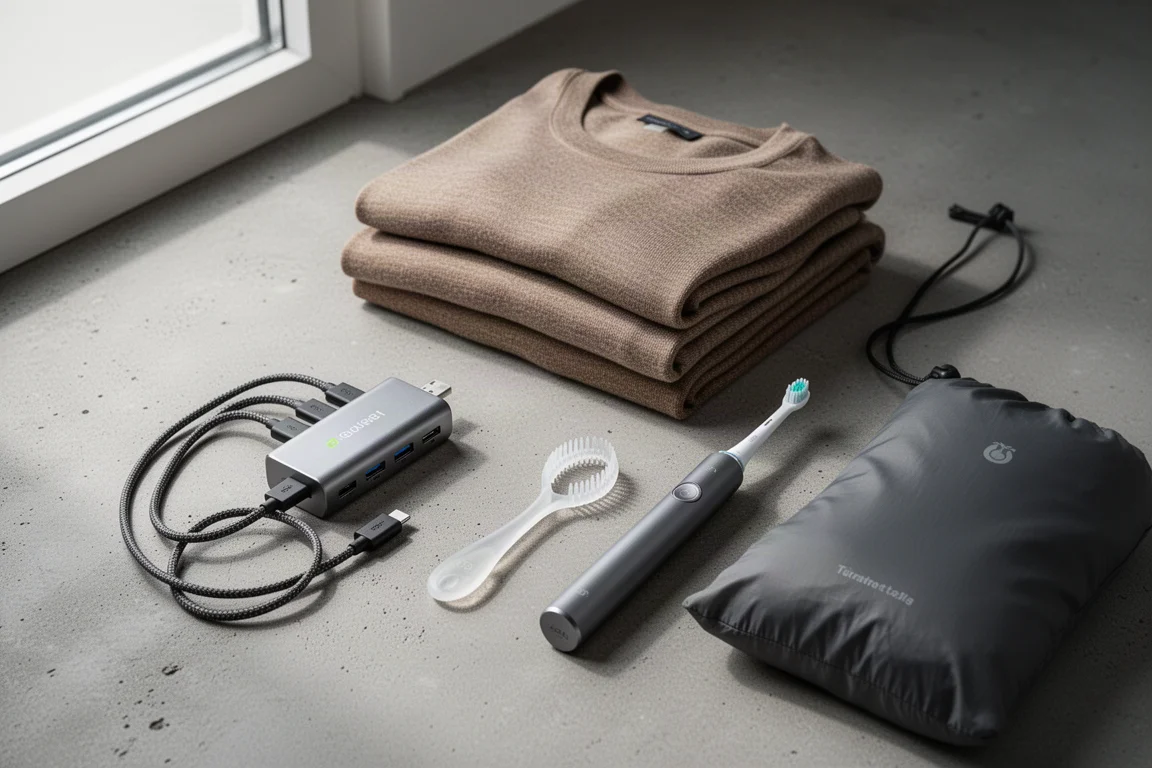 Flat-lay of travel charging hub, folded merino clothing, toothbrush, tongue scraper, and packable daypack on concrete