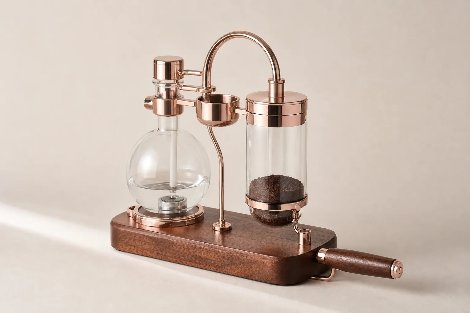 Five vacuum coffee makers displayed on neutral backdrop showing different styles and designs