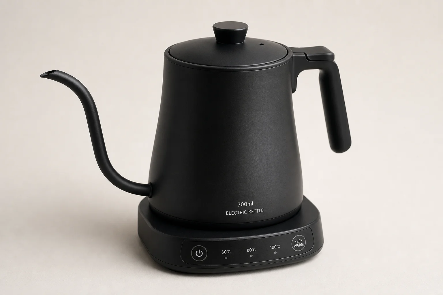 Eight electric gooseneck kettles arranged on concrete surface showing different designs and finishes