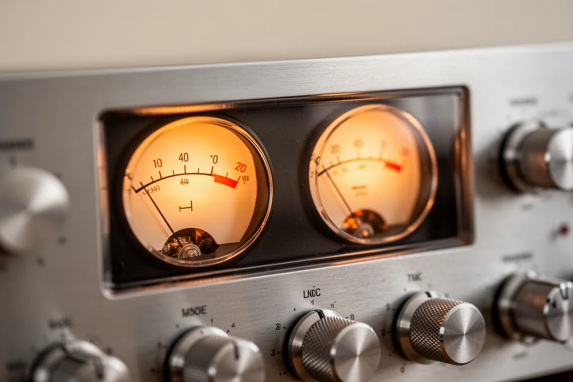 Primo piano degli aghi luminosi di un VU meter analogico sul pannello di un amplificatore