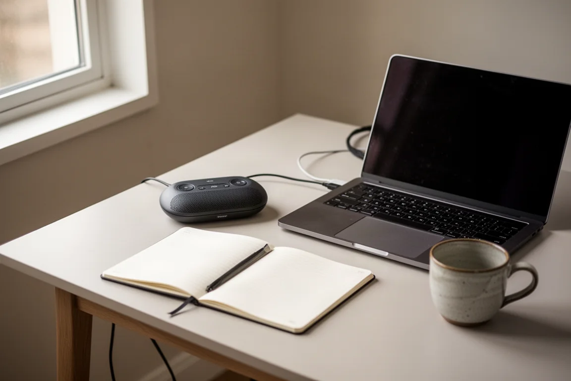 Speakerphone compatto su una scrivania ordinata accanto a un laptop