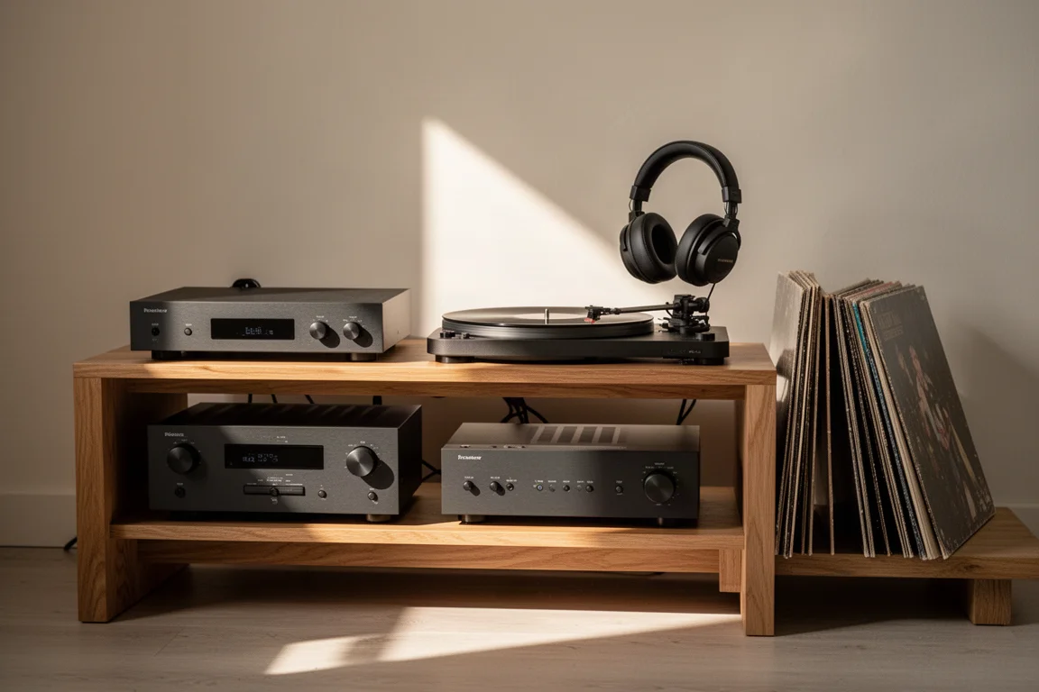 Rack hi-fi con amplificatore, giradischi e cuffie nella calda luce pomeridiana