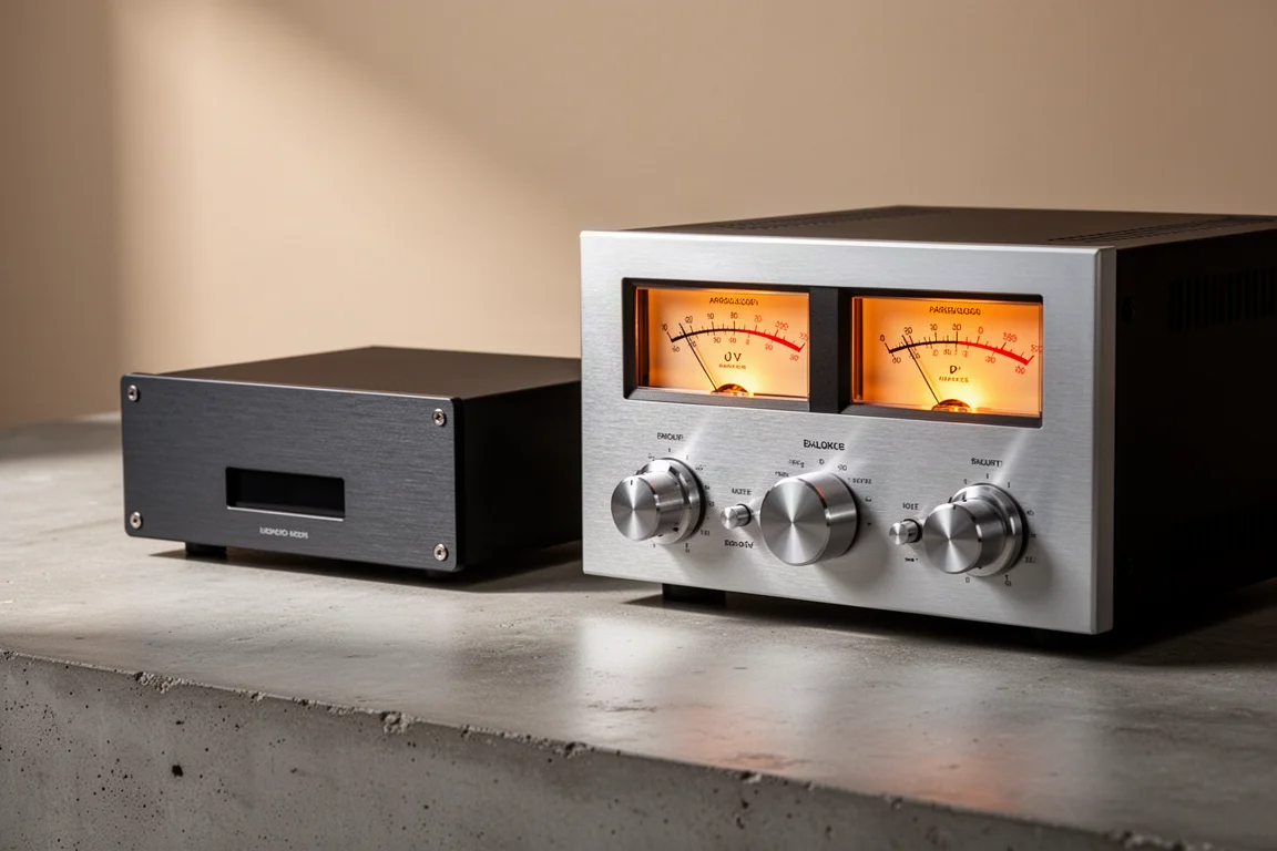 Compact modern amplifier beside a vintage-styled amplifier with glowing VU meters