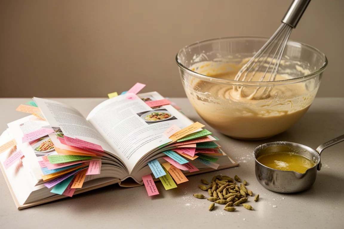 Open cookbook with sticky page markers next to a bowl of cardamom batter being whisked