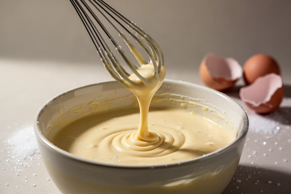 Batter being drizzled from a whisk to test for the ribbon stage