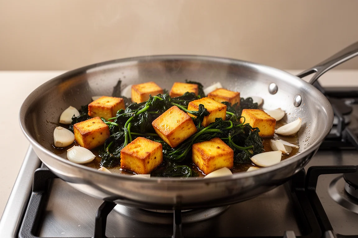 Crispy paneer cubes frying alongside wilted greens in a wide pan