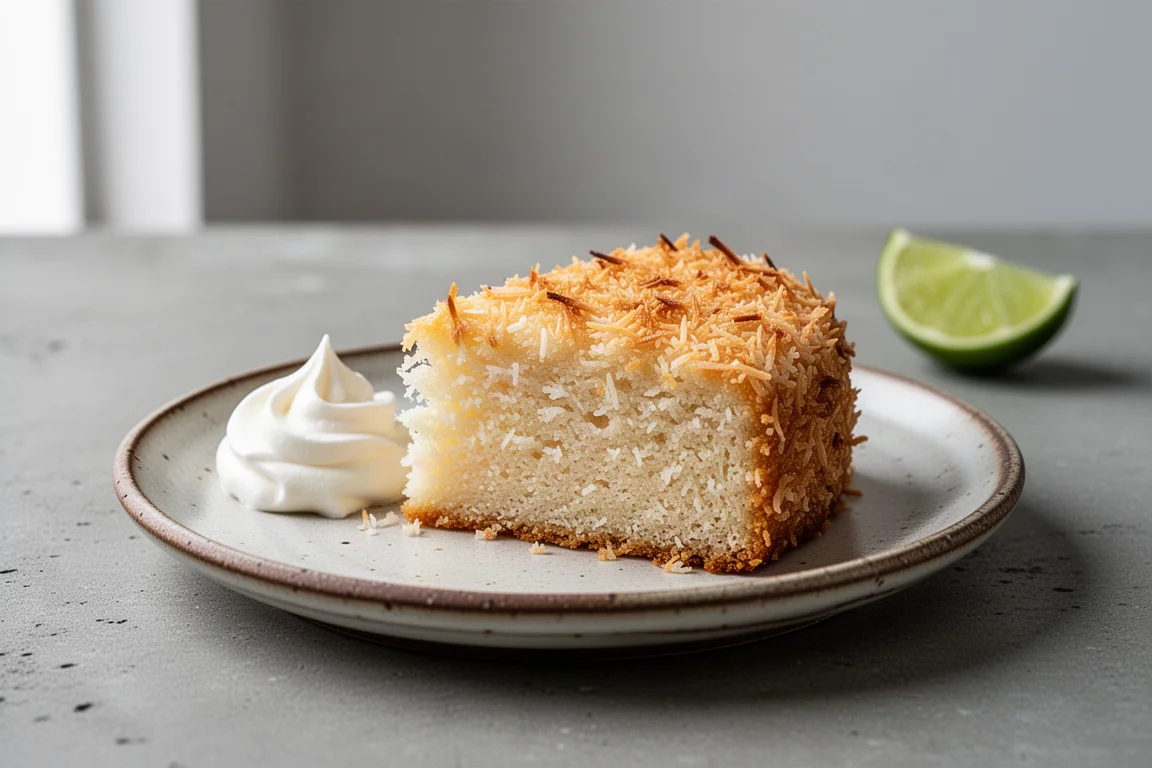 Slice of coconut and cardamom cake with a crackled toasted coconut crust and whipped cream