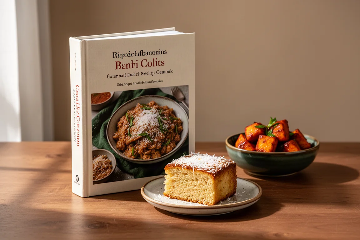 Hardcover cookbook beside a slice of coconut cake and a bowl of chili paneer