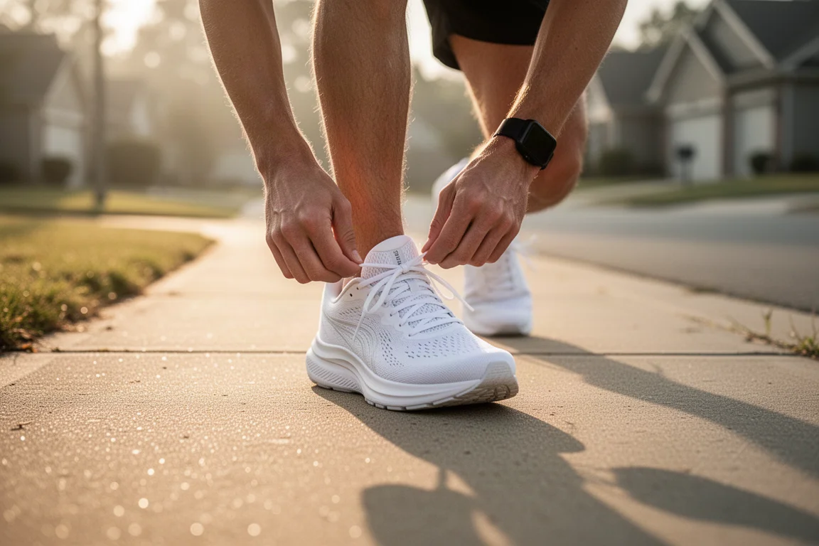Un coureur attache les lacets d'une chaussure de running blanche sur un trottoir ensoleillé