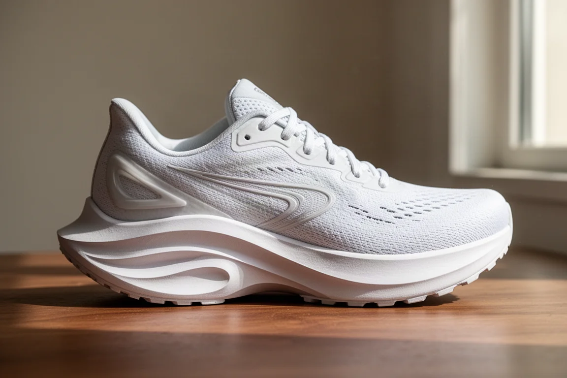 Profil latéral d'une chaussure de running montrant sa géométrie basculante agressive