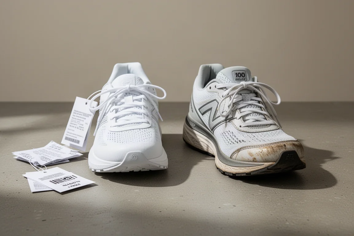 Une chaussure de running blanche bien usée à côté d'une paire neuve sortie de sa boîte