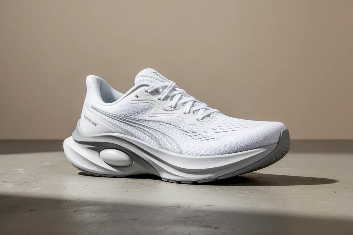 Scarpa da running bianca Dino Fish Shaan con midsole a rocker su superficie in cemento