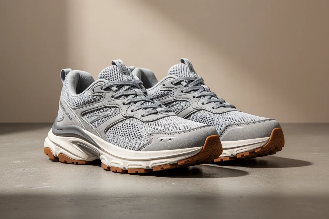 Pair of chunky cushioned running shoes on a matte concrete surface