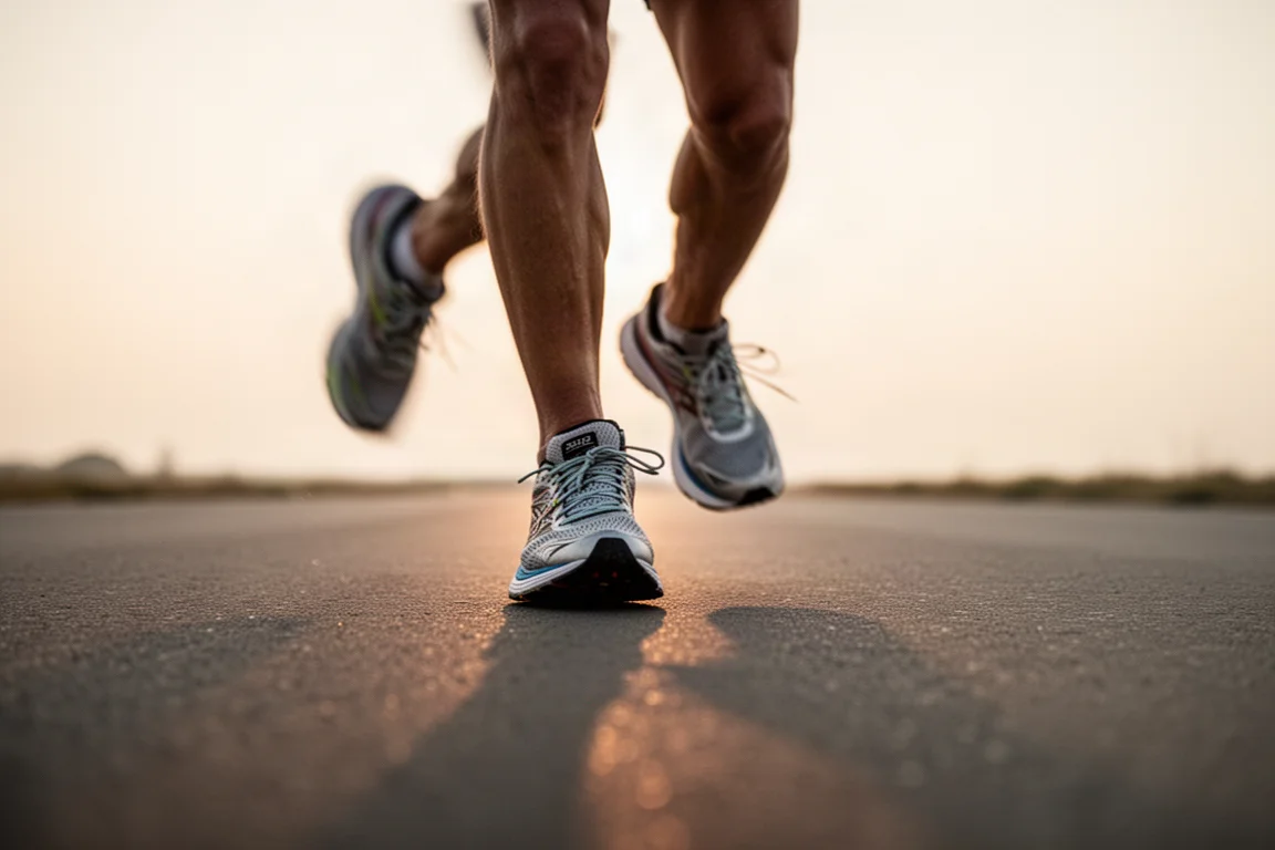 Piedi di un corridore a metà falcata sull'asfalto durante una corsa veloce su strada