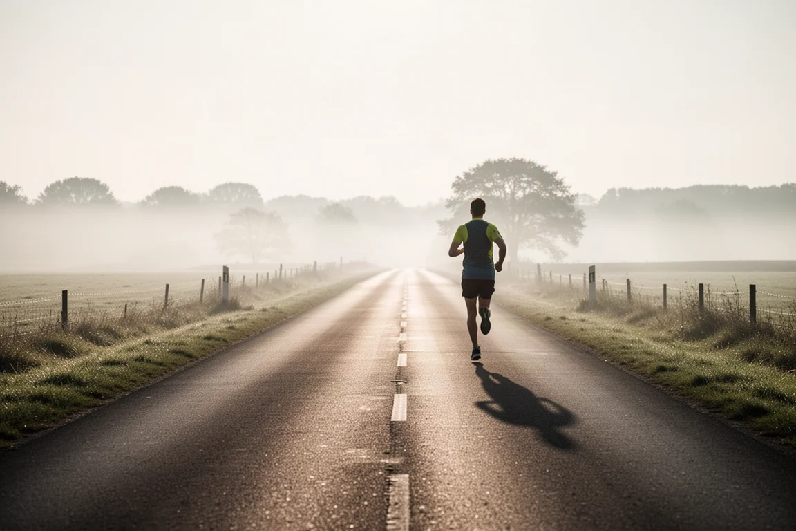 Corridore su strada che si allena da solo su una strada aperta nella luce soffusa del mattino