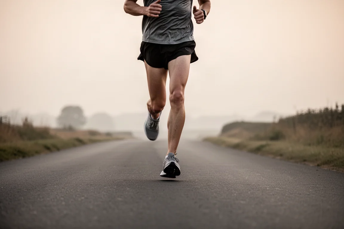 Hardloper rolt over een gladde weg in een gelijkmatig marathontempo in zacht avondlicht