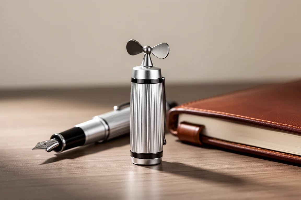 Gros plan sur le capuchon strié en aluminium anodisé avec le détail hélice posé sur un bureau