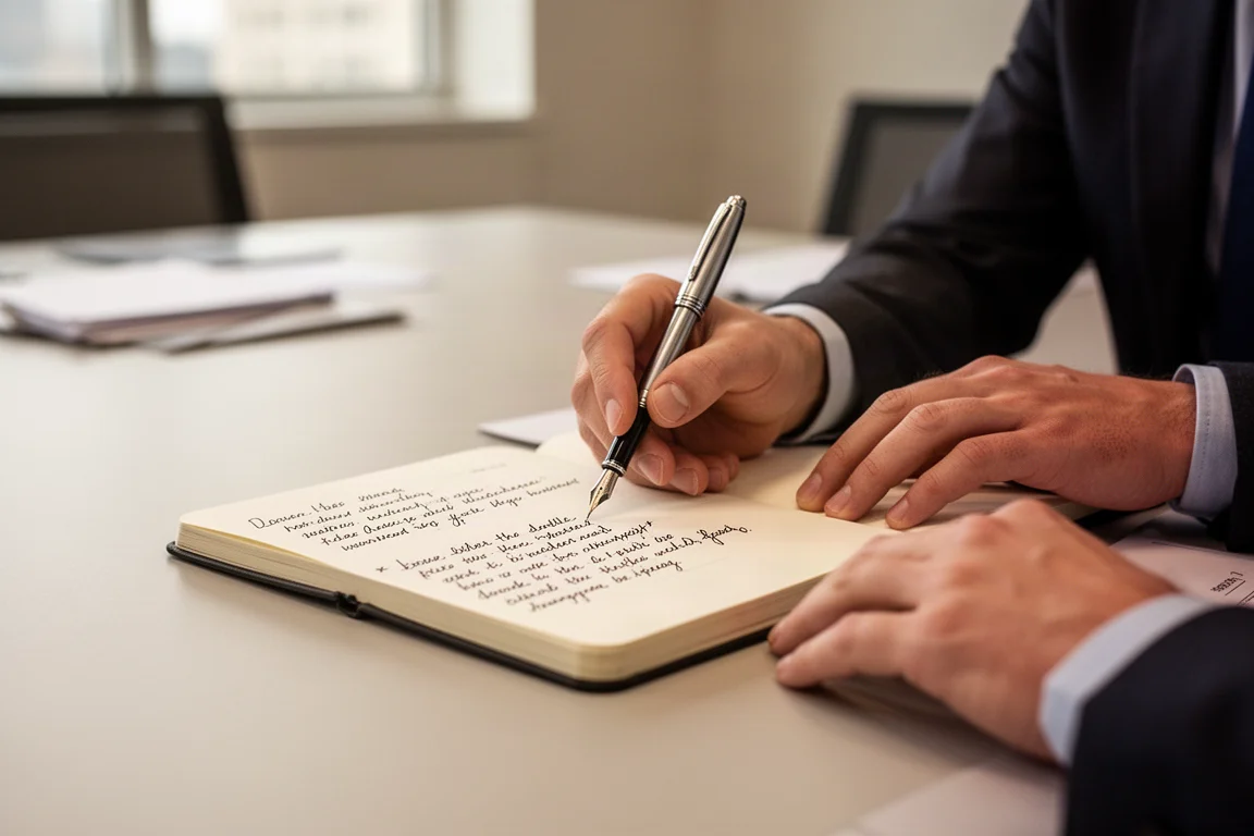 Une main prenant des notes avec un stylo-plume pendant une réunion, en lumière douce