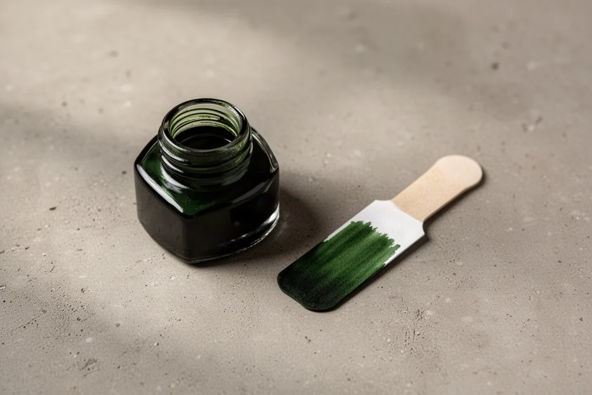 Flacon d'encre verte pour stylo-plume et échantillon d'écriture à l'encre verte sur papier