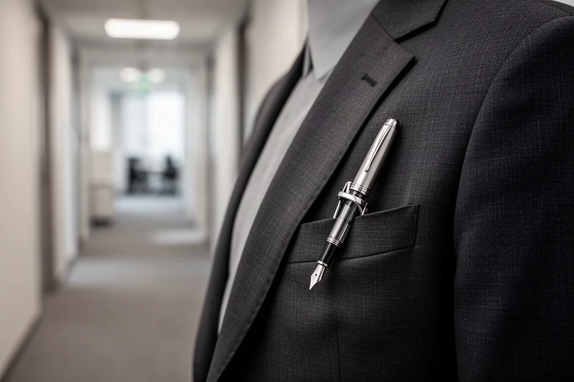 Stylo-plume accroché à la poche d'une veste de costume dans un bureau