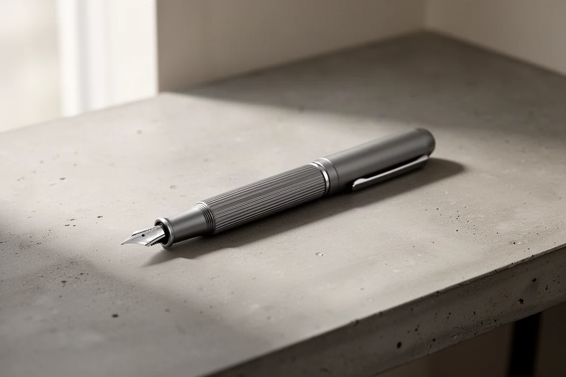 Grijze aluminium vulpen met geribbelde textuur op een betonnen bureau