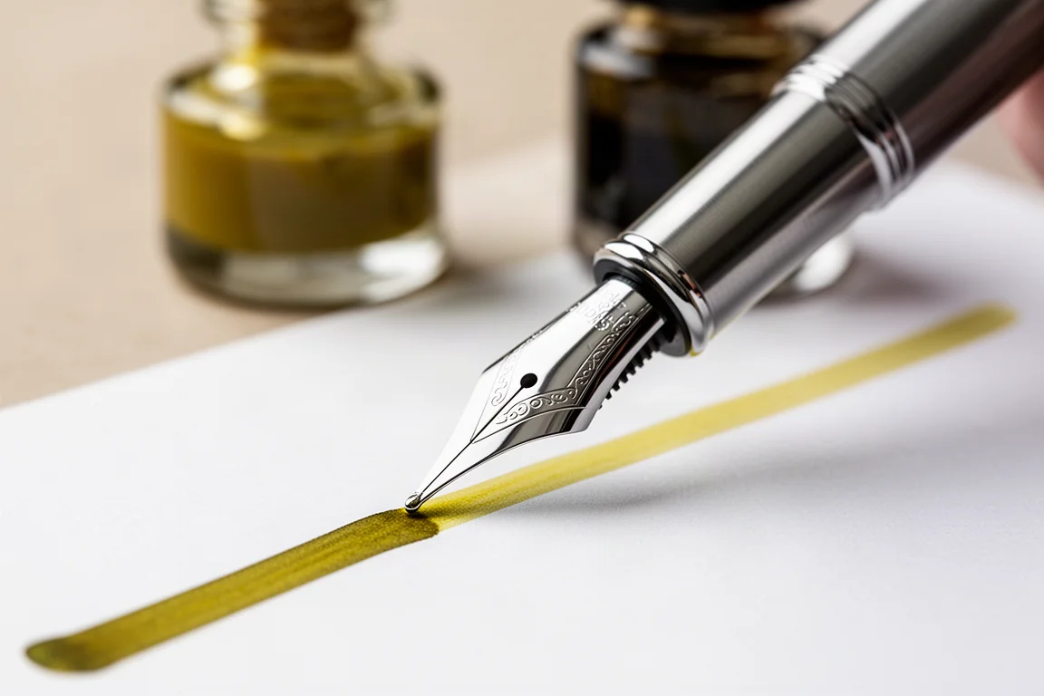 Close-up van een vulpennib die soepel schrijft op wit papier
