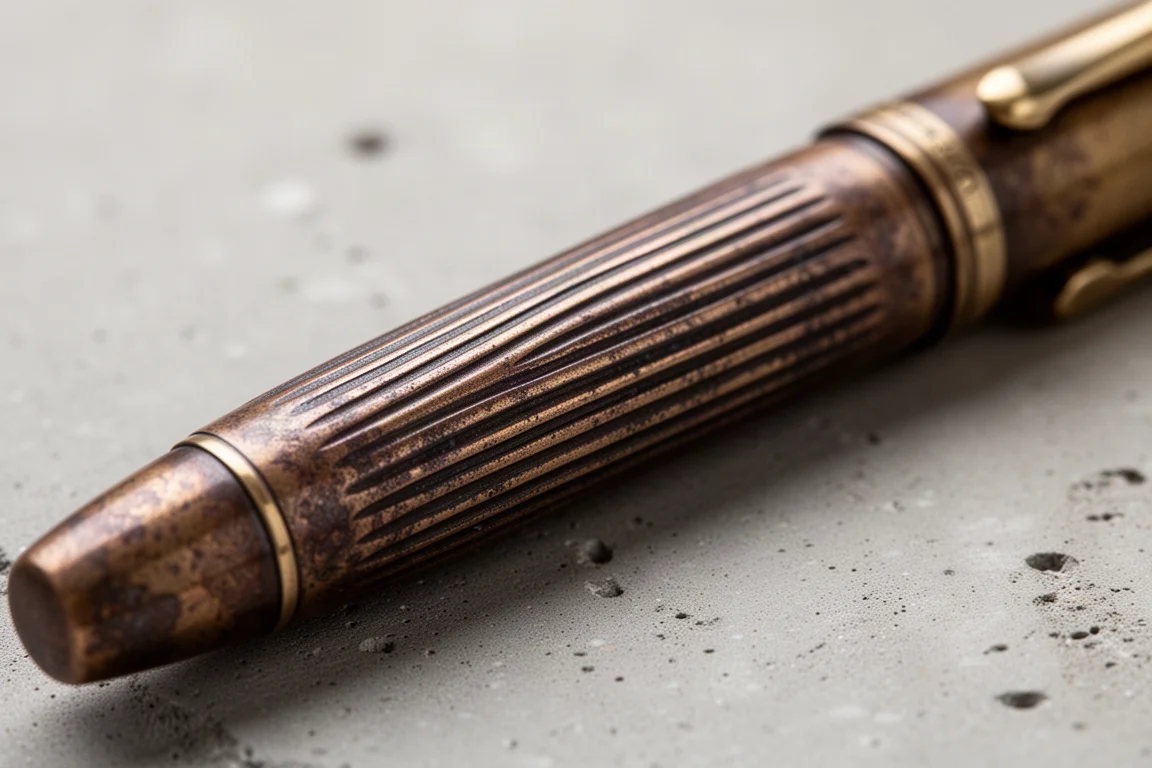 Close-up of oxidized brass barrel showing distressed metal texture and fluted grip