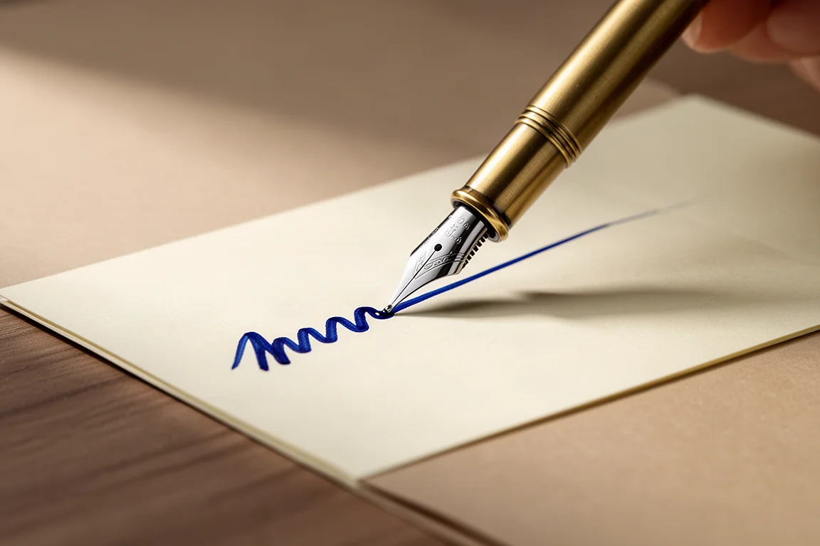 Fountain pen writing a blue ink sample on cream paper