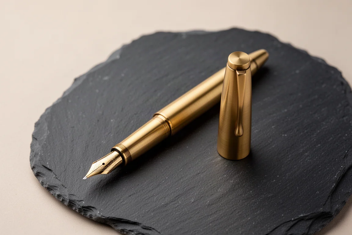 Fountain pen cap placed beside the barrel on a dark desk surface