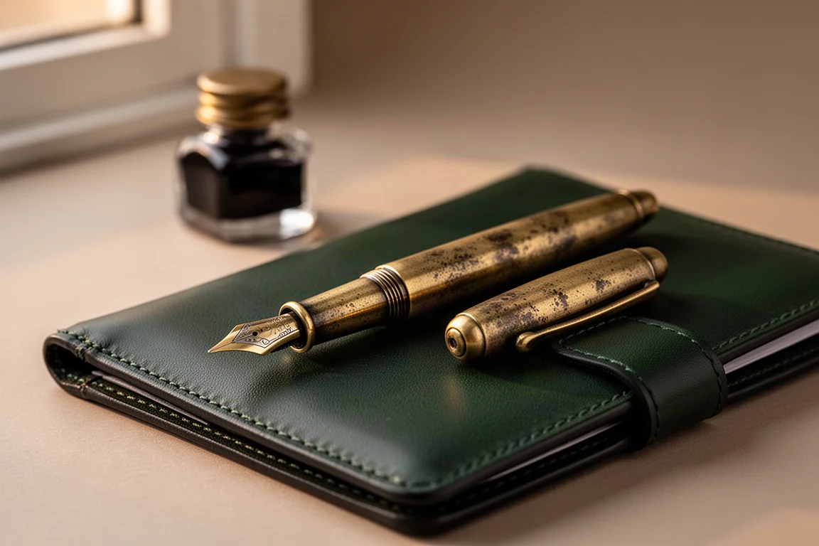Brass fountain pen laid on a leather writing folio beside an ink bottle