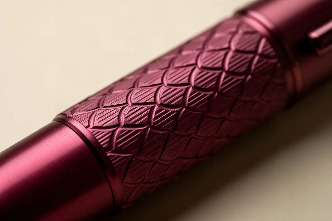 Gros plan sur une texture guillochée inspirée du cobra sur le corps d'un stylo-plume