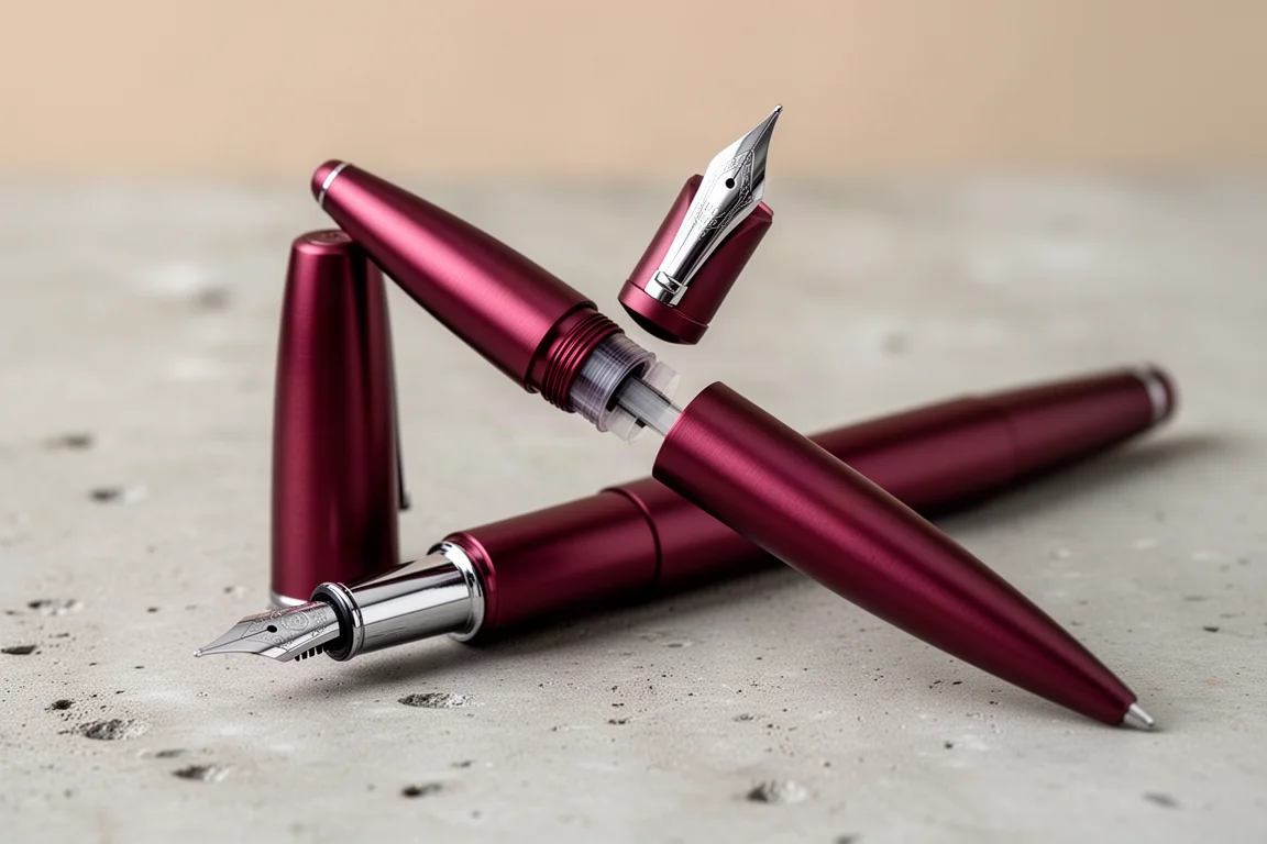 Capuchon magnétique retiré d'un stylo-plume pour révéler une plume en acier inoxydable
