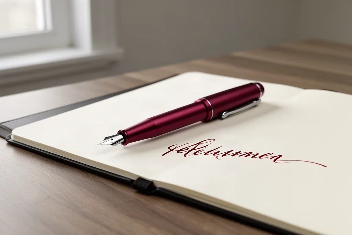 Stylo-plume dans le sens de l'écriture avec le capuchon au dos du corps, posé sur un bureau