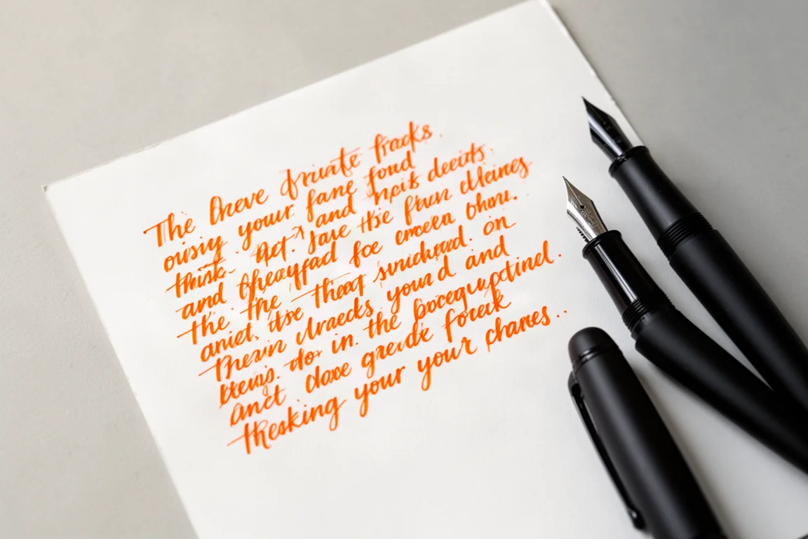 Handgeschriebene Seite in leuchtend orangefarbener Tinte auf einfachem Papier