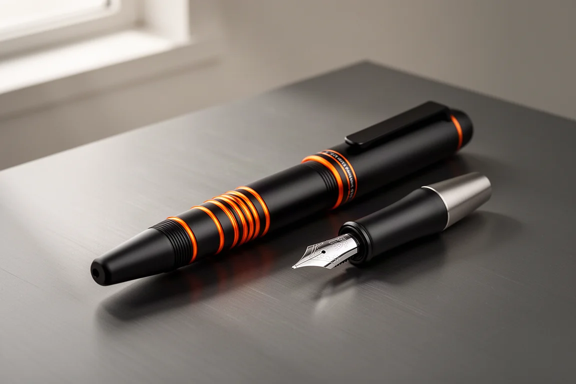Matte black fountain pen with orange anodized rings on a grey surface