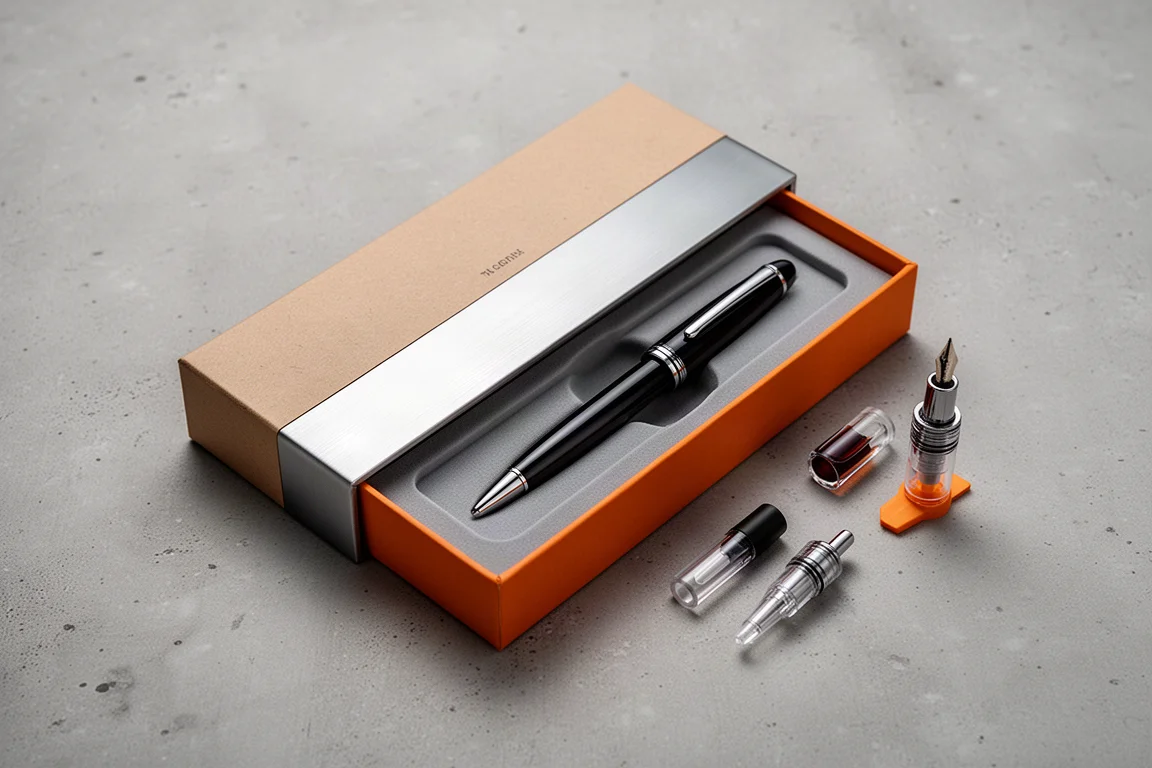 Unboxed fountain pen with presentation box, cartridges and converter on a desk