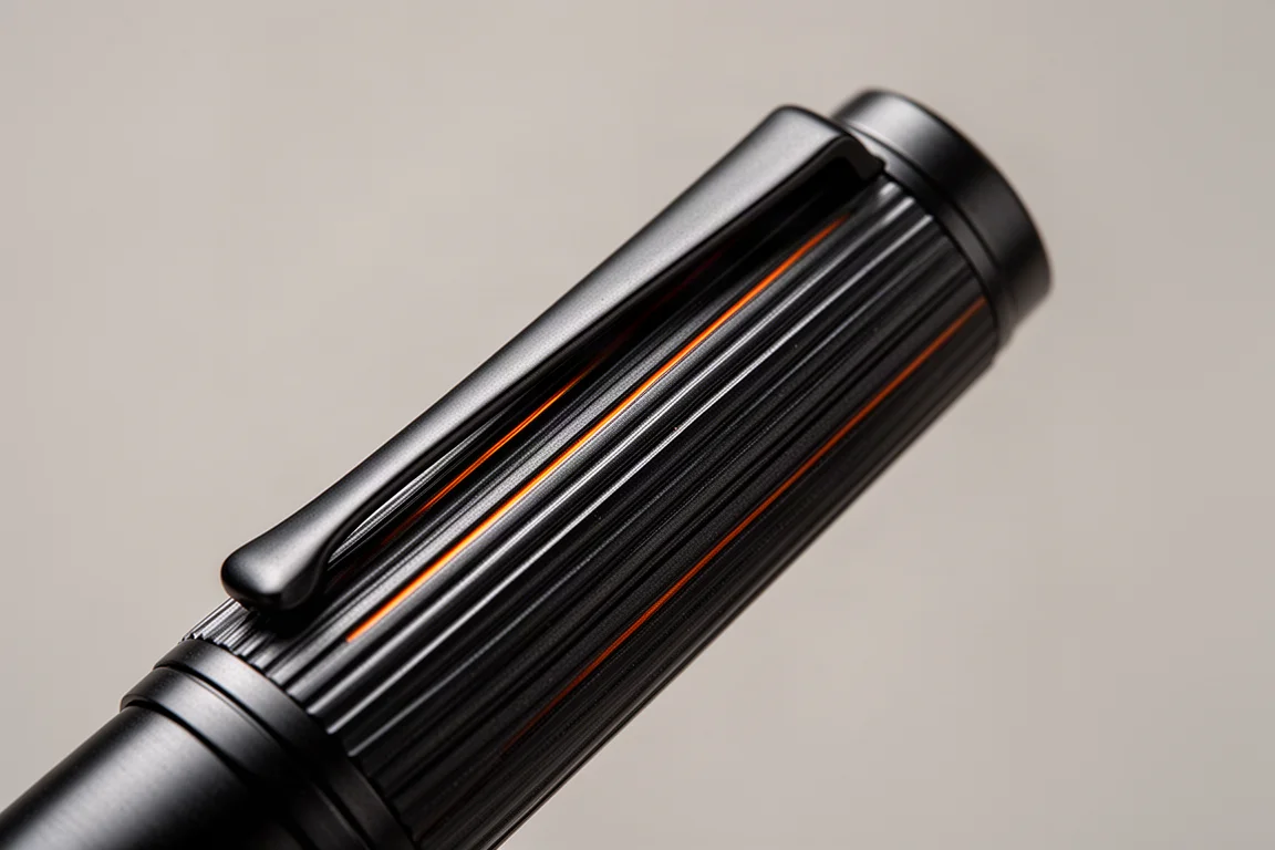 Close-up of a ribbed black pen cap with deep grooves catching soft light