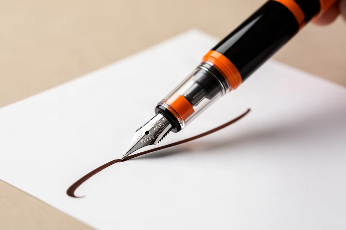 Fountain pen writing a smooth brown ink line on white paper