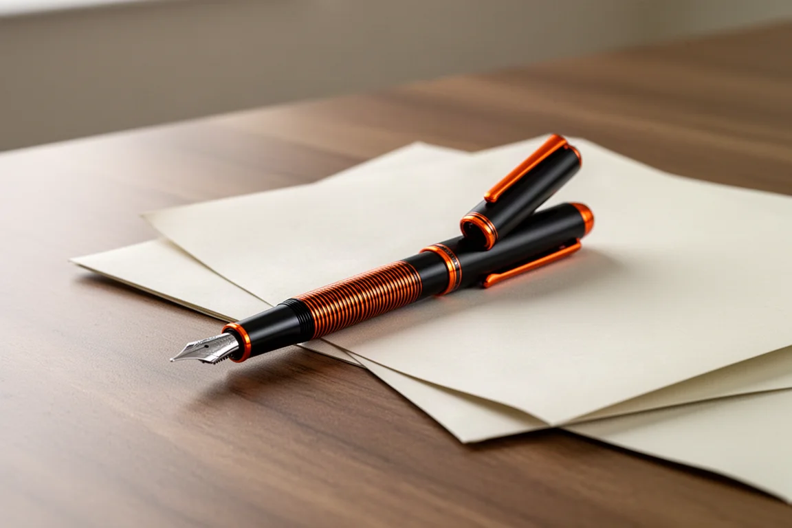 Fountain pen posted with cap on the barrel, resting on a wooden desk