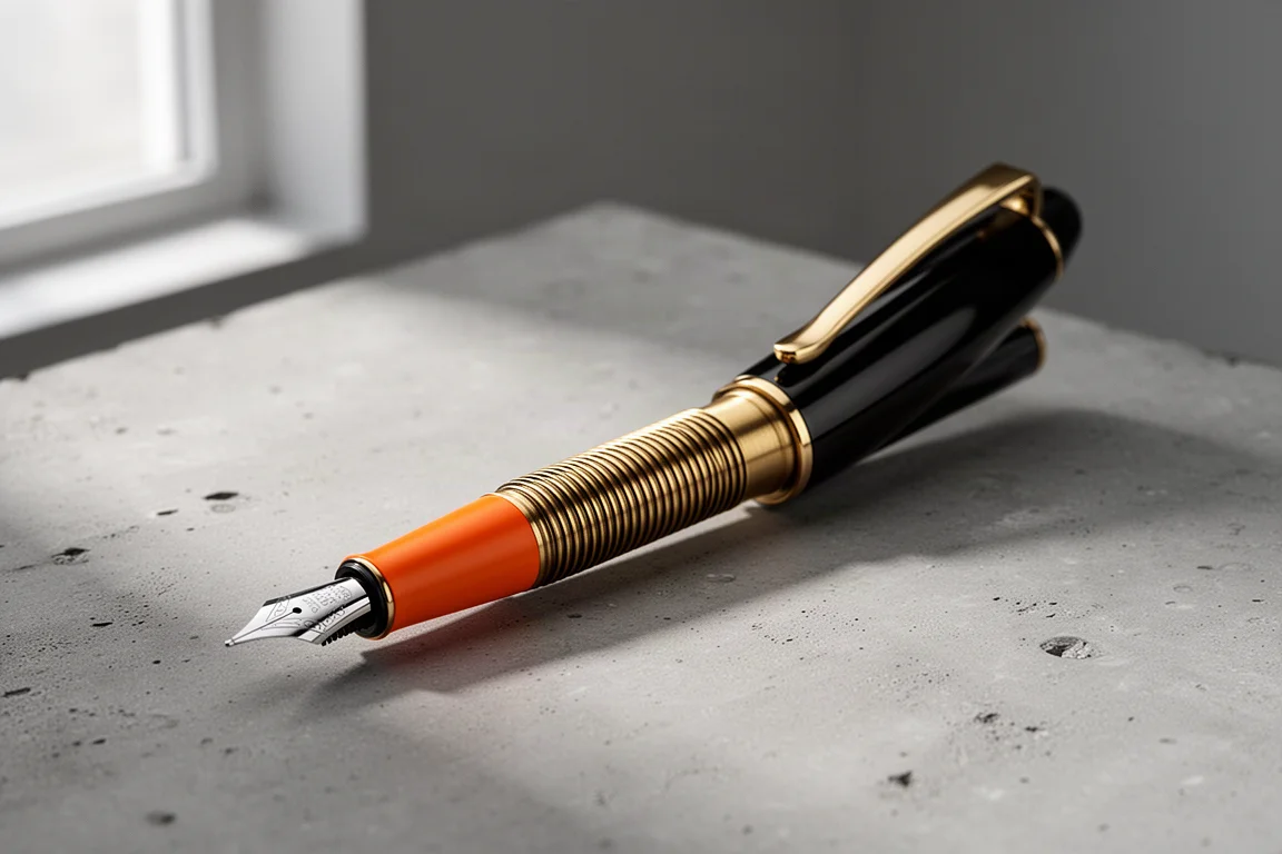Black and orange ribbed fountain pen with steel nib on concrete surface
