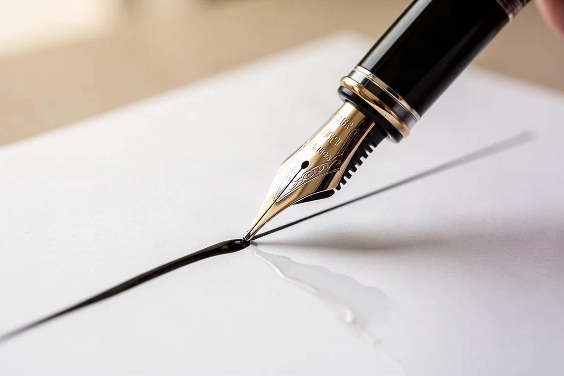 Close-up of a fountain pen nib drawing a line of ink on white paper