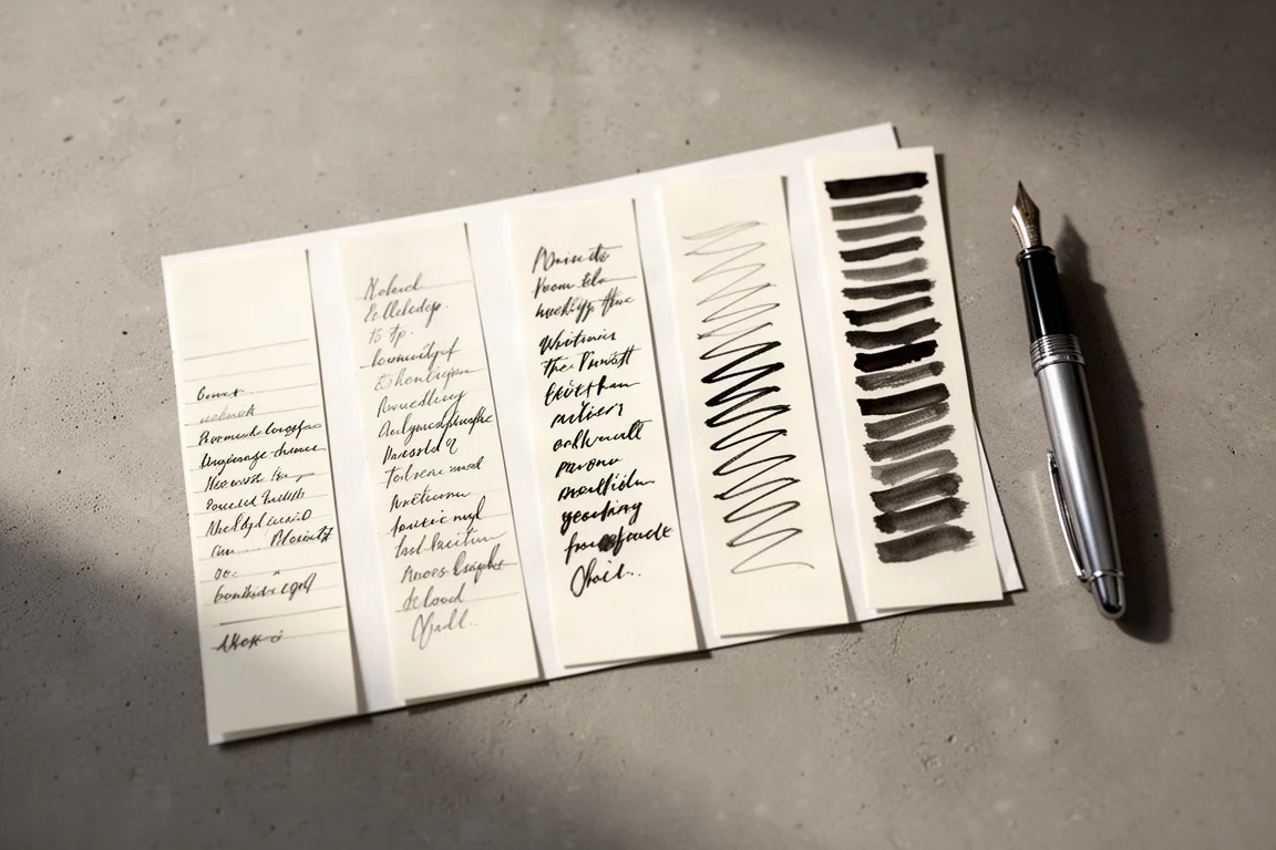 A hand testing several nib sizes with writing samples spread on a desk