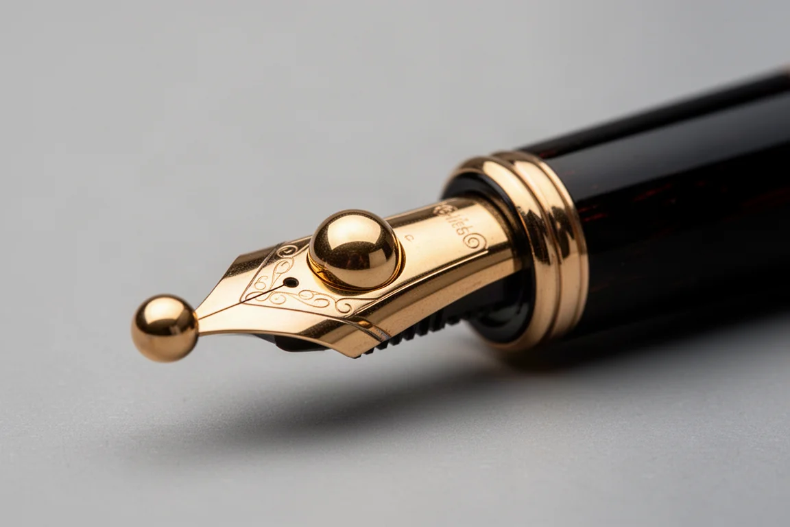 Polished gold fountain pen nib photographed in macro detail