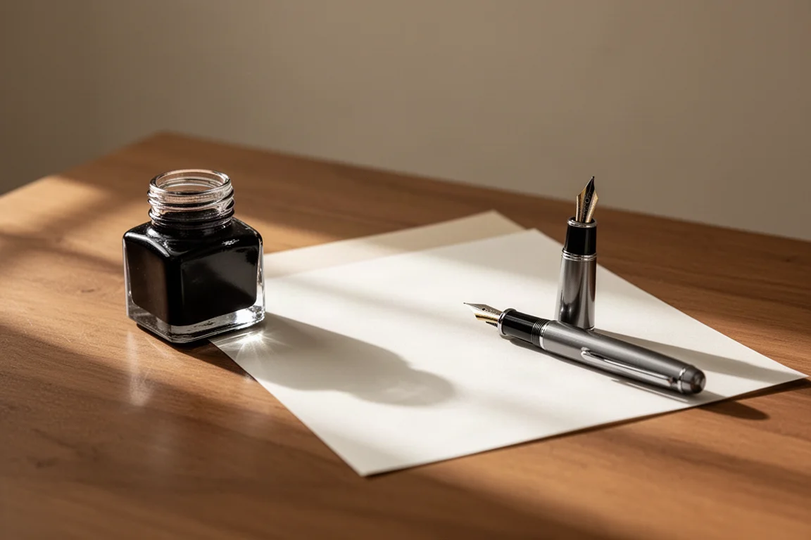 Writing desk scene with ink bottles, paper and fountain pens in soft light