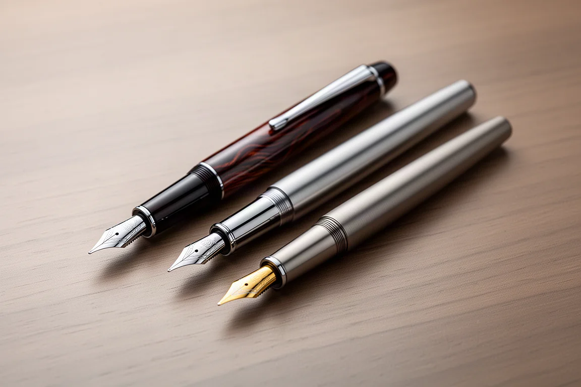Diplomat Arrow and Excellence fountain pens with steel and gold nibs on a wooden desk