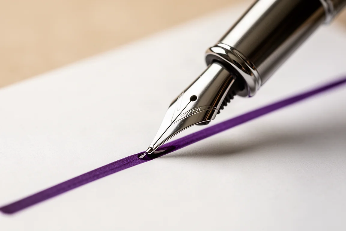 Een vulpenpunt schrijft paarse inkt op wit papier