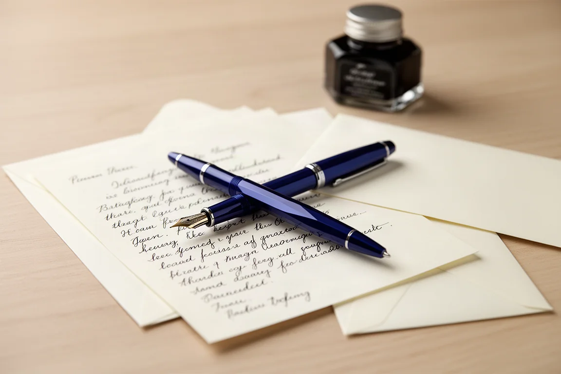 Een vulpen rustend op handgeschreven notities en schrijfwaren op een bureau